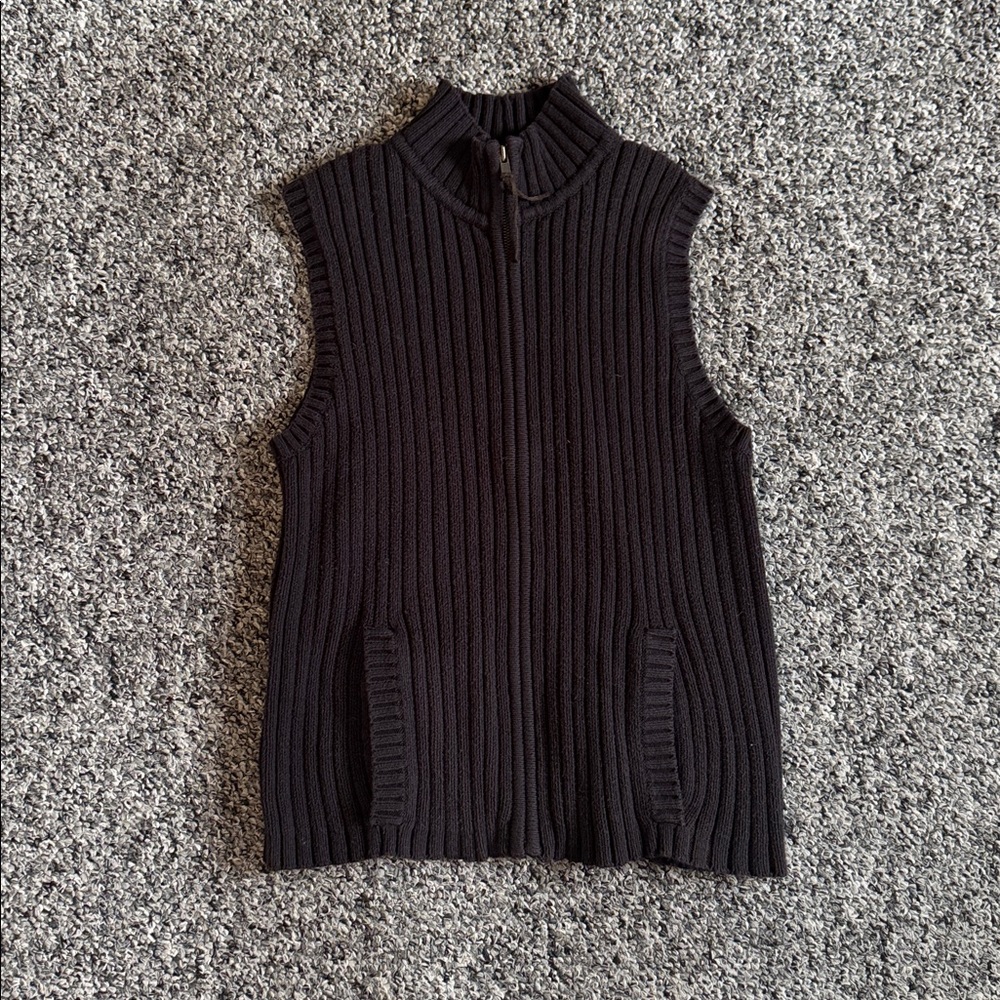 Crossroads Brown Ribbed Knit Zip-Up Sweater Vest Size L